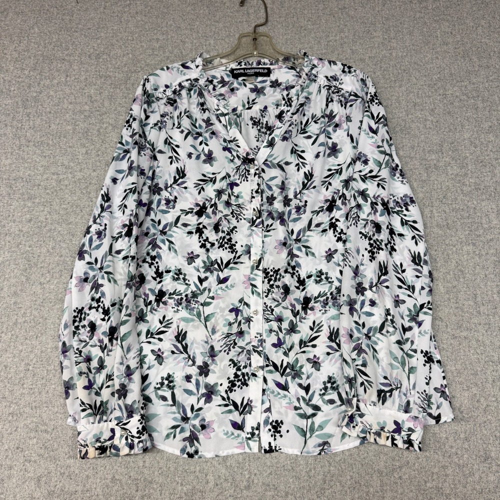 Karl Lagerfeld Paris | Floral Blouse | Size M  White Purple |Ruffle Pearl Button